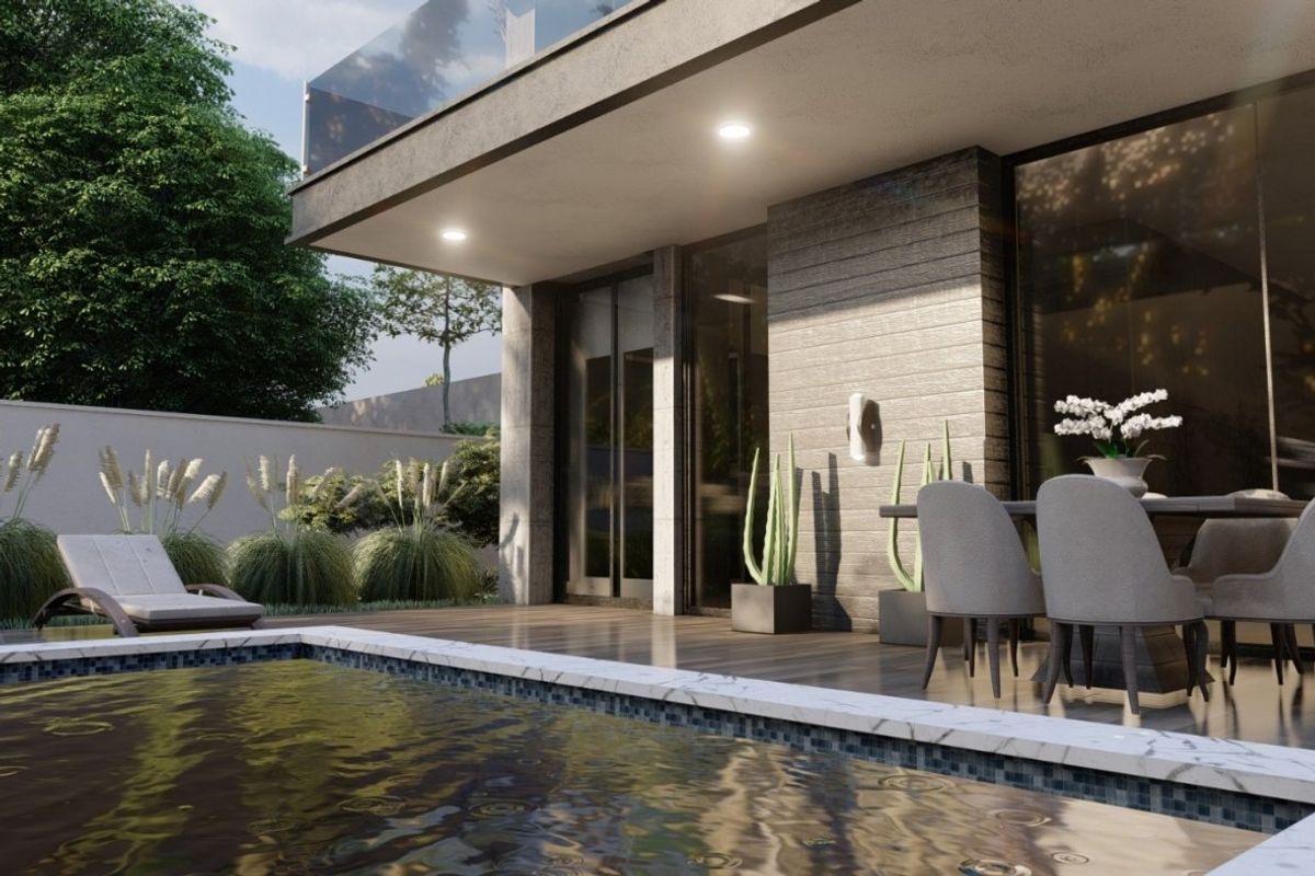 Close-up van het terras bij het zwembad van een villa met 3 slaapkamers in Fortuna, ideaal voor buiten dineren.