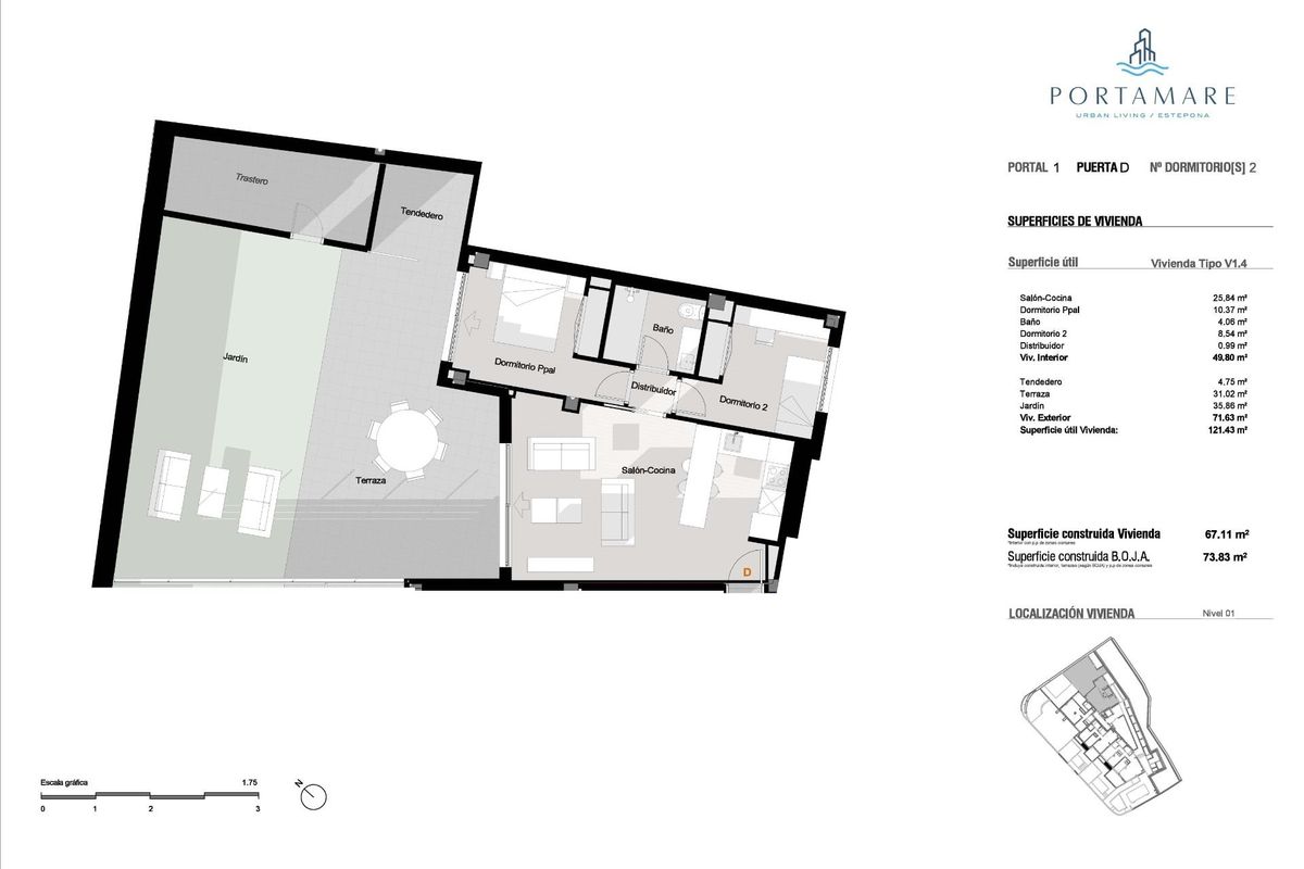 Plattegrond van een stijlvol 2-slaapkamer appartement in Estepona, Costa del Sol, toont optimale indeling en ruimtegebruik.
