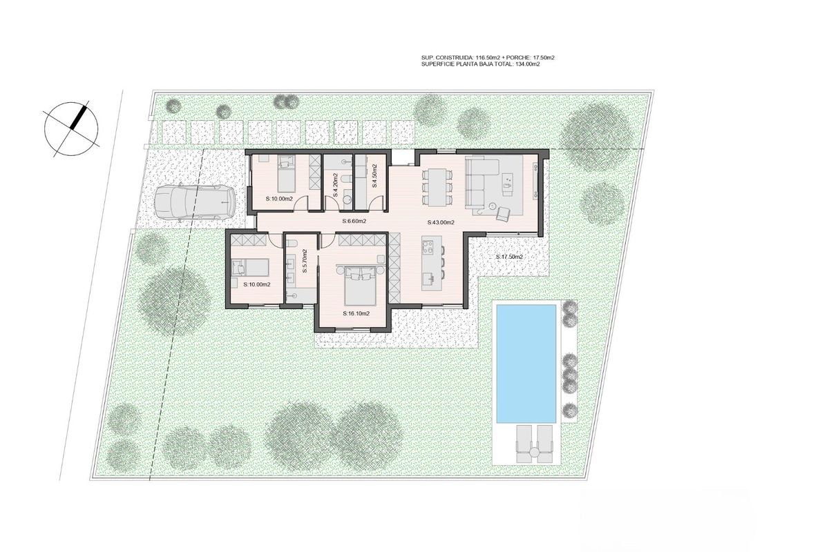 Plattegrond van een 3-slaapkamer villa met tuin en zwembad in molina de segura, spanje. indeling toont woonruimtes en slaapkamers.