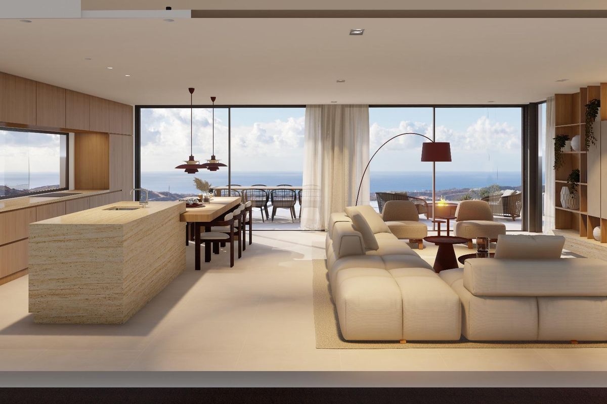 Contemporary keuken en eetkamer in de villa in Benahavís, Costa del Sol, met uitzicht op de oceaan.