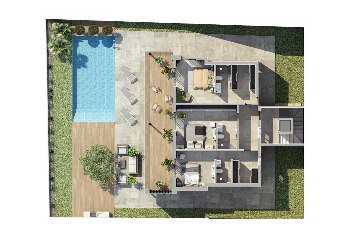 Plattegrond van de indeling van een 4-slaapkamer villa met ruime woonruimtes en buitenzwembad in Rojales, Costa Blanca.