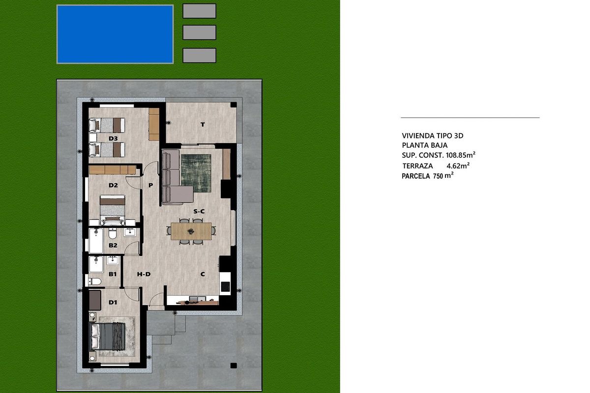 Plattegrond van de 3-slaapkamer villa in Moratalla, met details over kamers en buitenspeelruimtes, inclusief het zwembad.