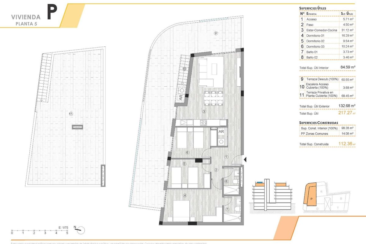 Plattegrond ontwerp dat de indeling van een ruim 3-slaapkamer penthouse in Torrevieja, Spanje, toont.