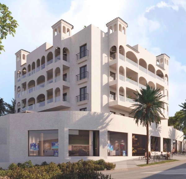 Buitenzijde van een modern 2-slaapkamer appartement gebouw in Bigastro, Costa Blanca Zuid, met balkons.