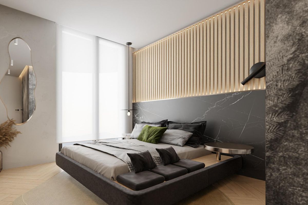 Chique slaapkamer met hedendaagse ontwerpelementen in een 3-slaapkamer woning in Orihuela Costa.