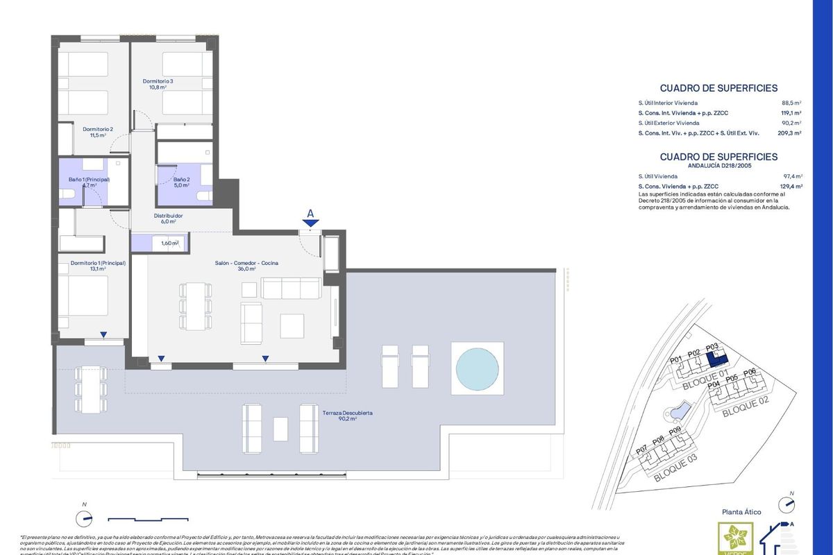 Plattegrond van een 3-slaapkamer penthouse in Casares, Costa del Sol, met de indeling van de kamers en ruim ontwerp.