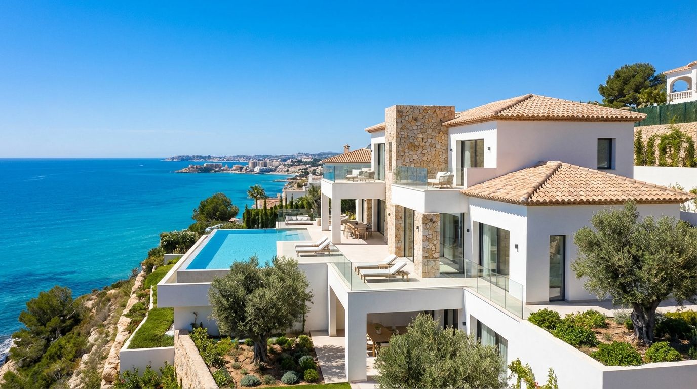 Panoramisch uitzicht op een moderne luxe villa met uitzicht op de Middellandse Zee aan de Costa Blanca