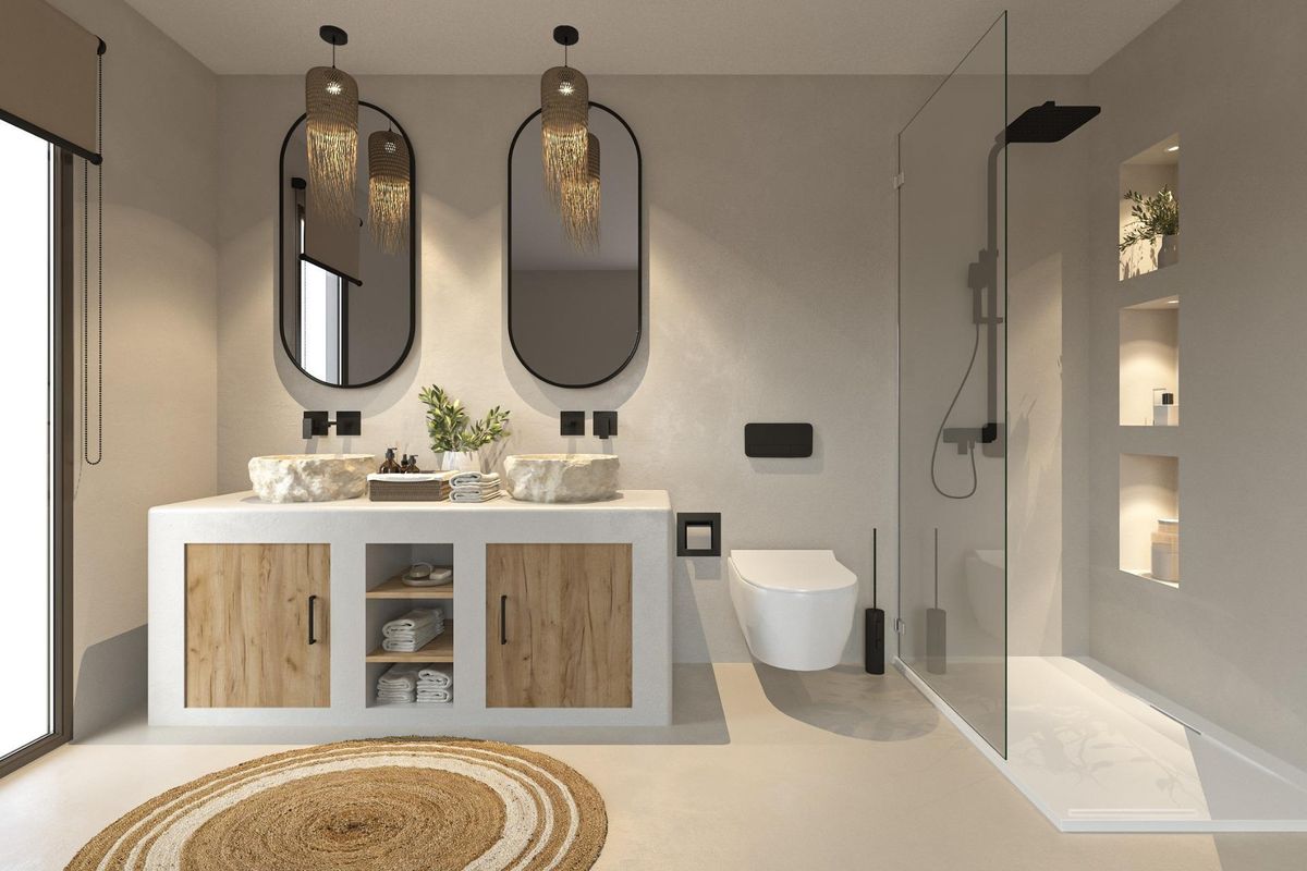 Moderne badkamer in een 4-slaapkamer villa in Jávea, Costa Blanca Noord, met dubbele wastafels en stijlvolle armaturen.