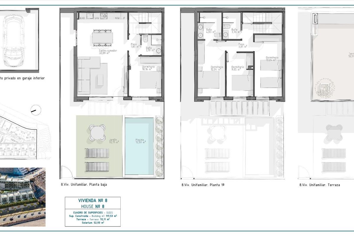 Plattegrond van de villa-indeling in Aguilas, met details van kamers en voorzieningen in Costa Calida, Spanje.