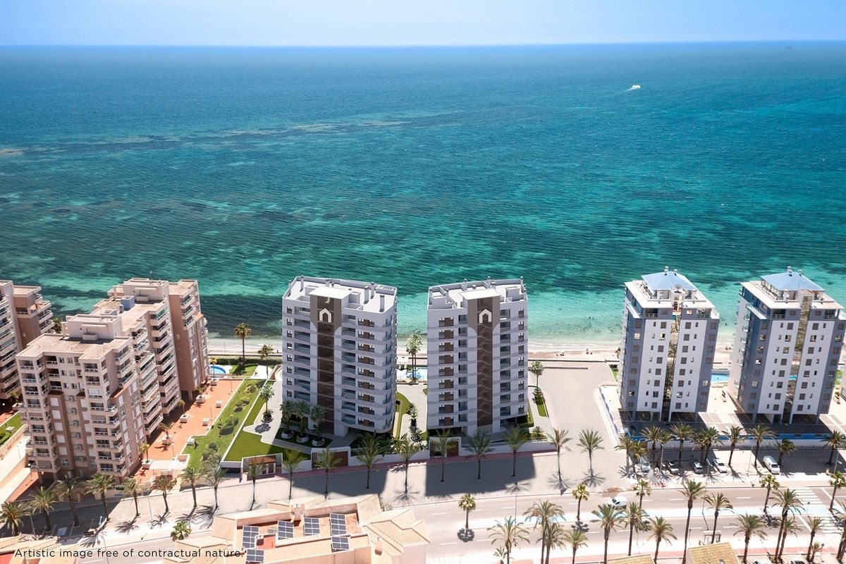 Aerial view of residential buildings along the coast at La Manga del Mar Menor, Costa Calida, Spain.