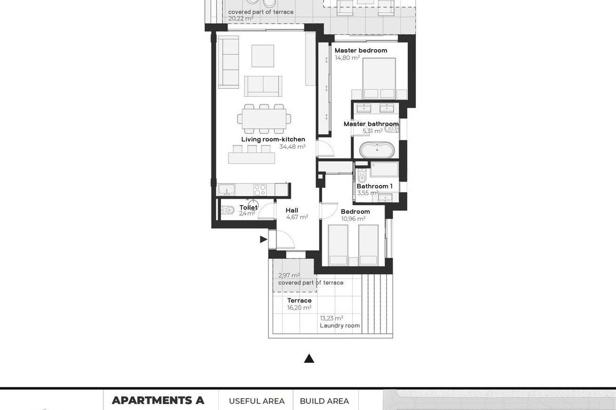 Plattegrond van een 2-slaapkamer grond verdieping appartement in Estepona, met duidelijke indeling en afmetingen.
