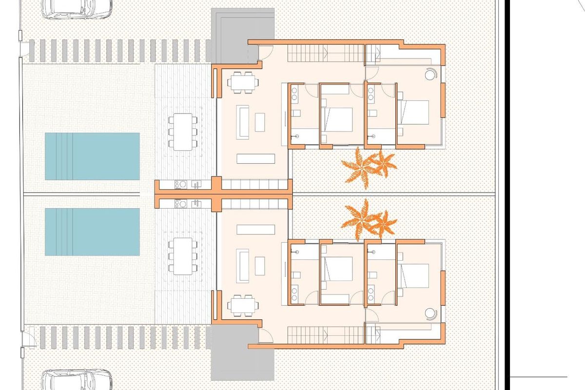 Layout of two adjoining townhouses featuring pool and garden space, located in Baños y Mendigo, Costa Calida.