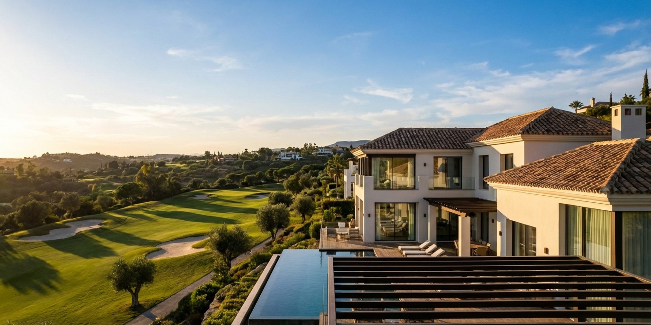 Luxuriöse, moderne Villa mit Blick auf einen makellosen spanischen Golfplatz bei Sonnenuntergang