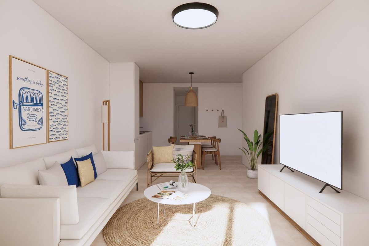 Gezellige woonkamer in de penthouse, met hedendaagse decoratie en meubels in Pilar de La Horadada.