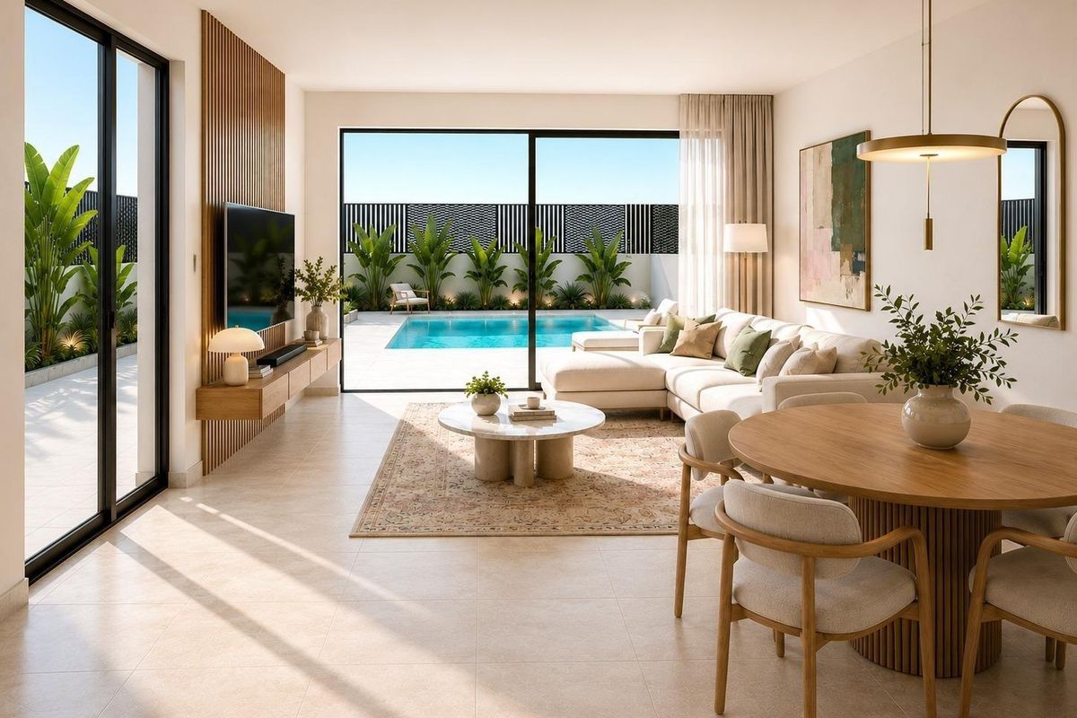 Modern kitchen and living area in town house