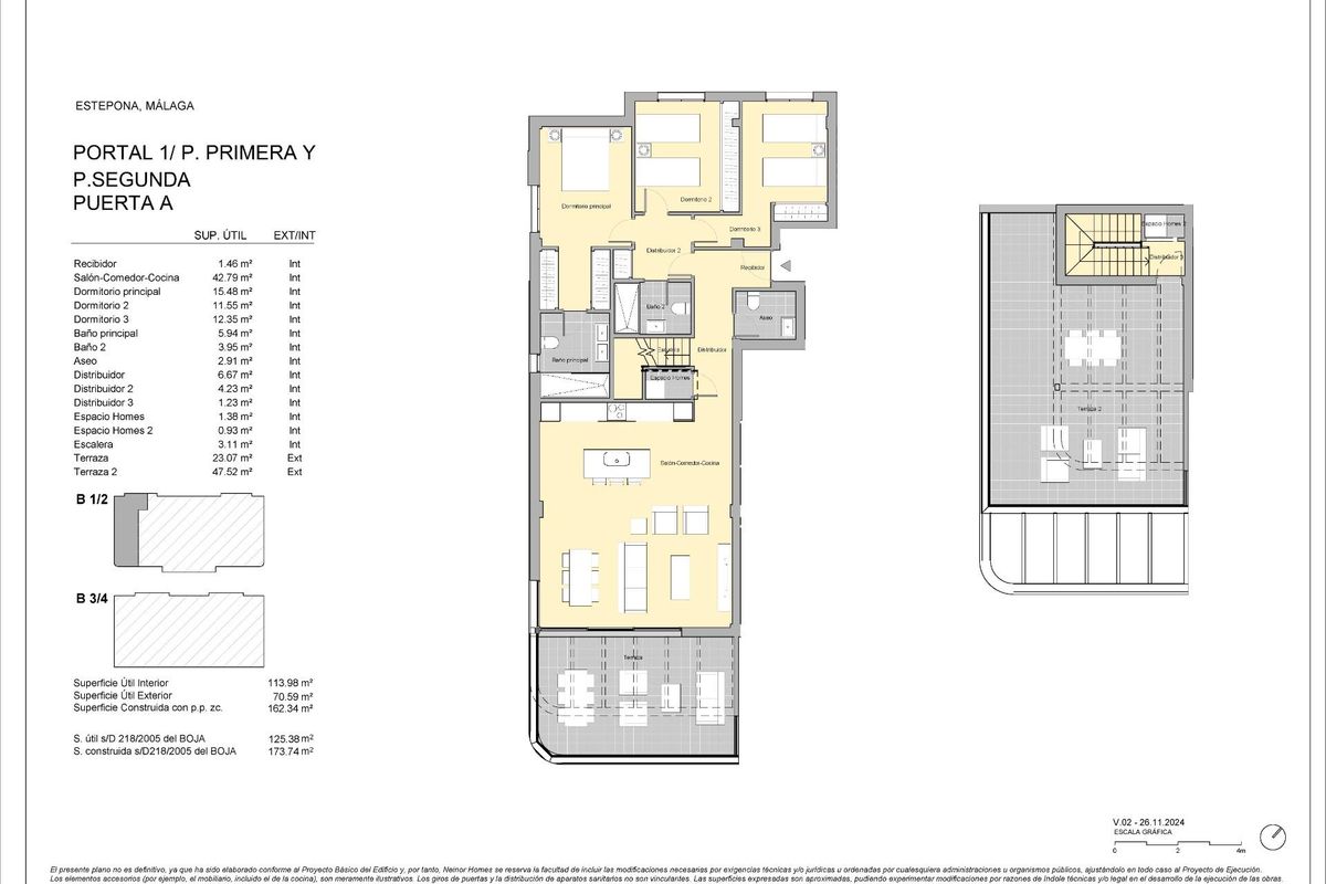 Plattegrond van een 3-slaapkamer appartement in Estepona, met indeling en afmetingen van elke kamer.
