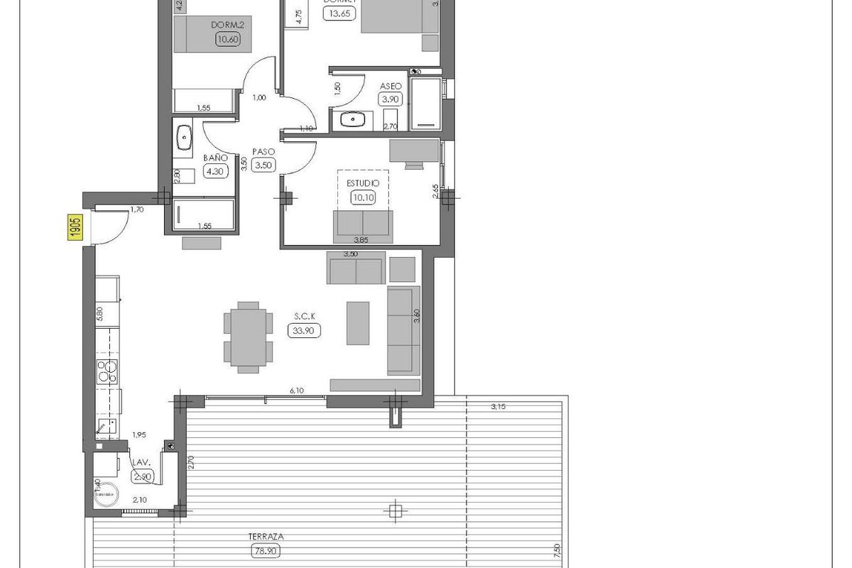 Plattegrond van een ruim 3-slaapkamer appartement op de begane grond in Algorfa, met indeling en kamerverdeling.
