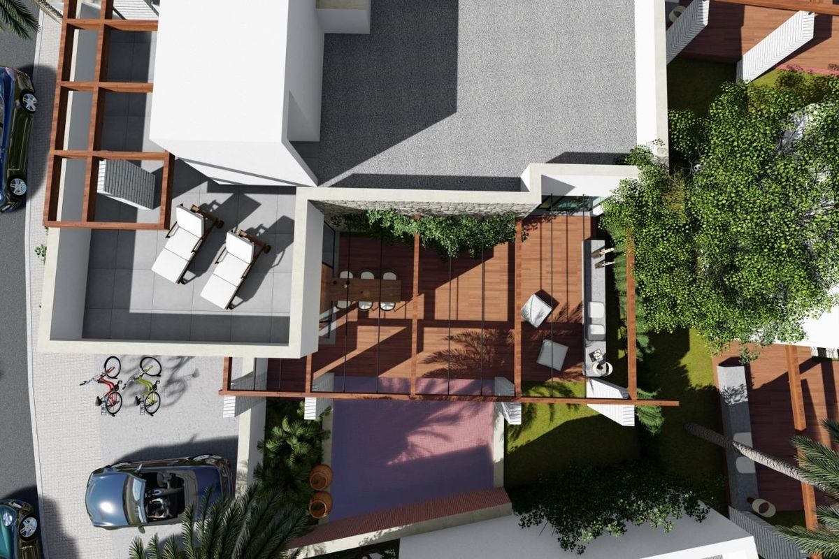 Bovenaanzicht van het terras en de gemeenschappelijke ruimte van de villa, met nadruk op het moderne ontwerp in Torre Pacheco.
