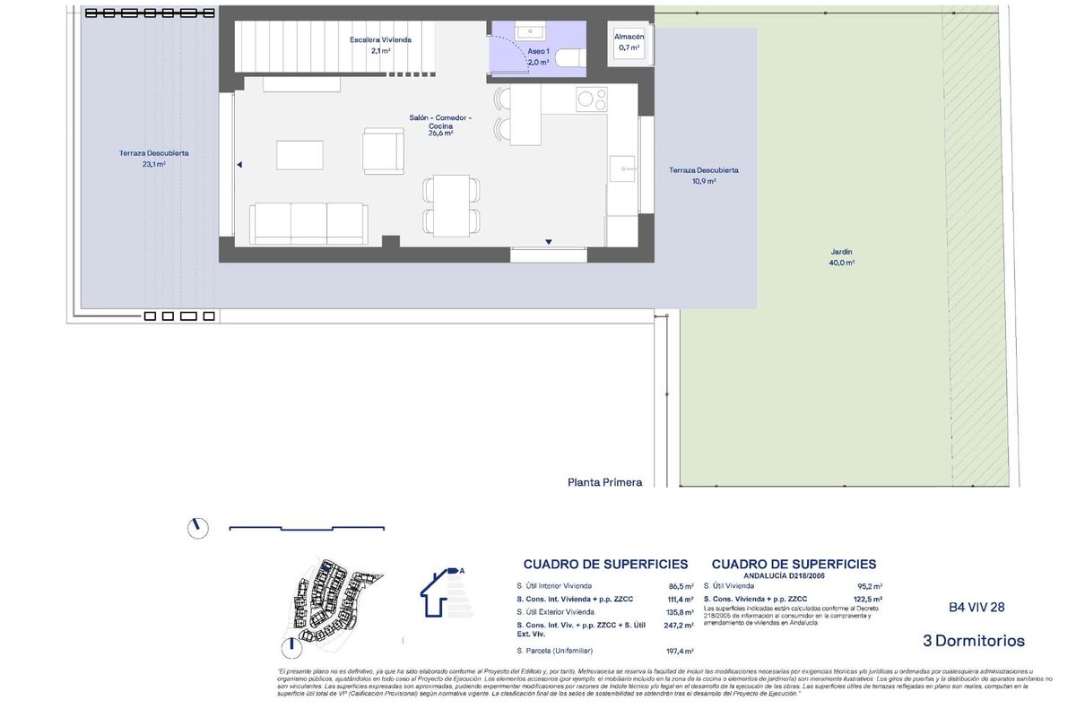 Bovenverdieping plattegrond van een 3-slaapkamer townhouse, met woonruimte en terrasindeling in Vélez Málaga.