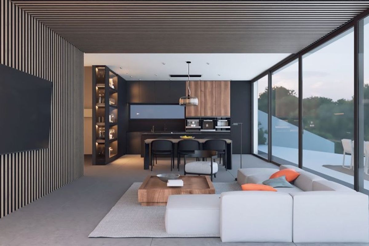 Aantrekkelijke woonkamer in moderne villa, met hedendaags ontwerp en uitzicht op het natuurlijke landschap van Altea.