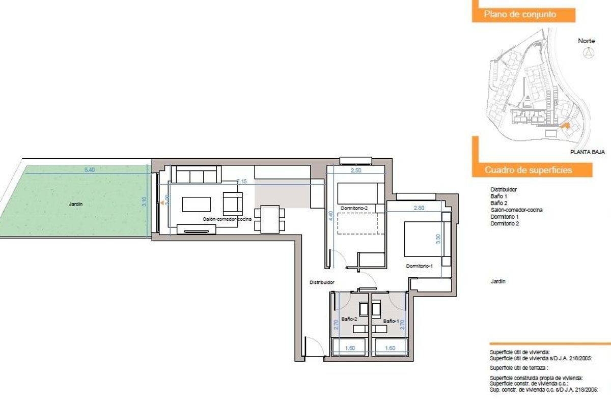 Plattegrond van een twee-slaapkamer grondvloer appartement met een tuin, gelegen in Vélez Málaga.
