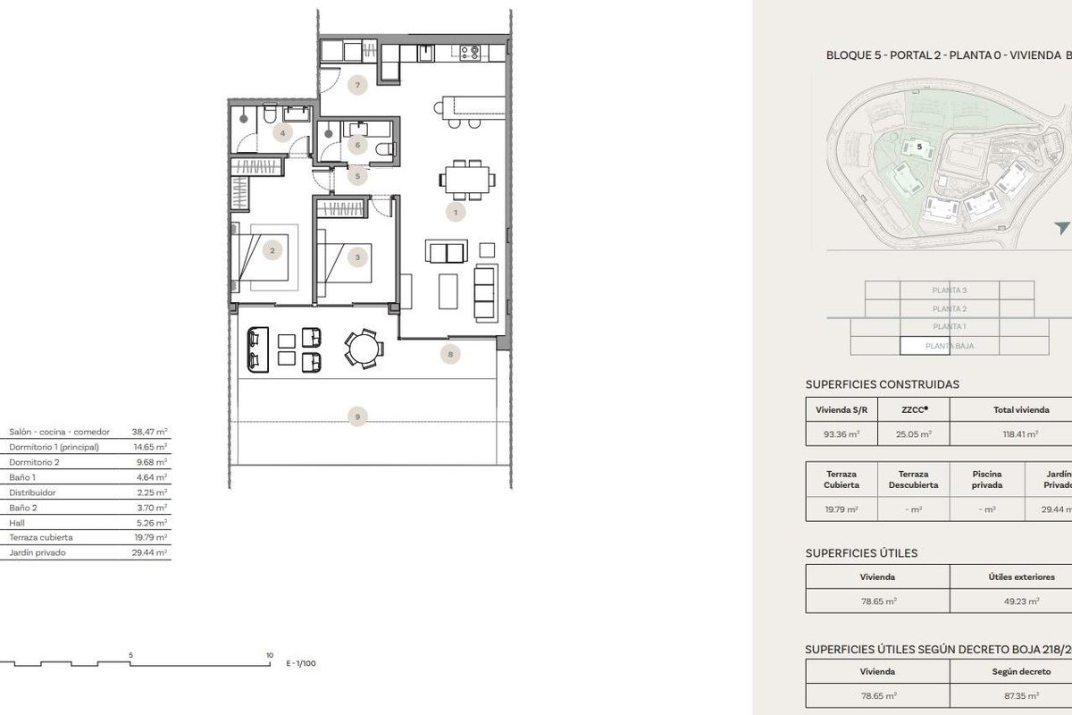 Plattegrond van een 2-slaapkamer appartement op de begane grond in Casares, Costa del Sol, toont indeling en ruimte.