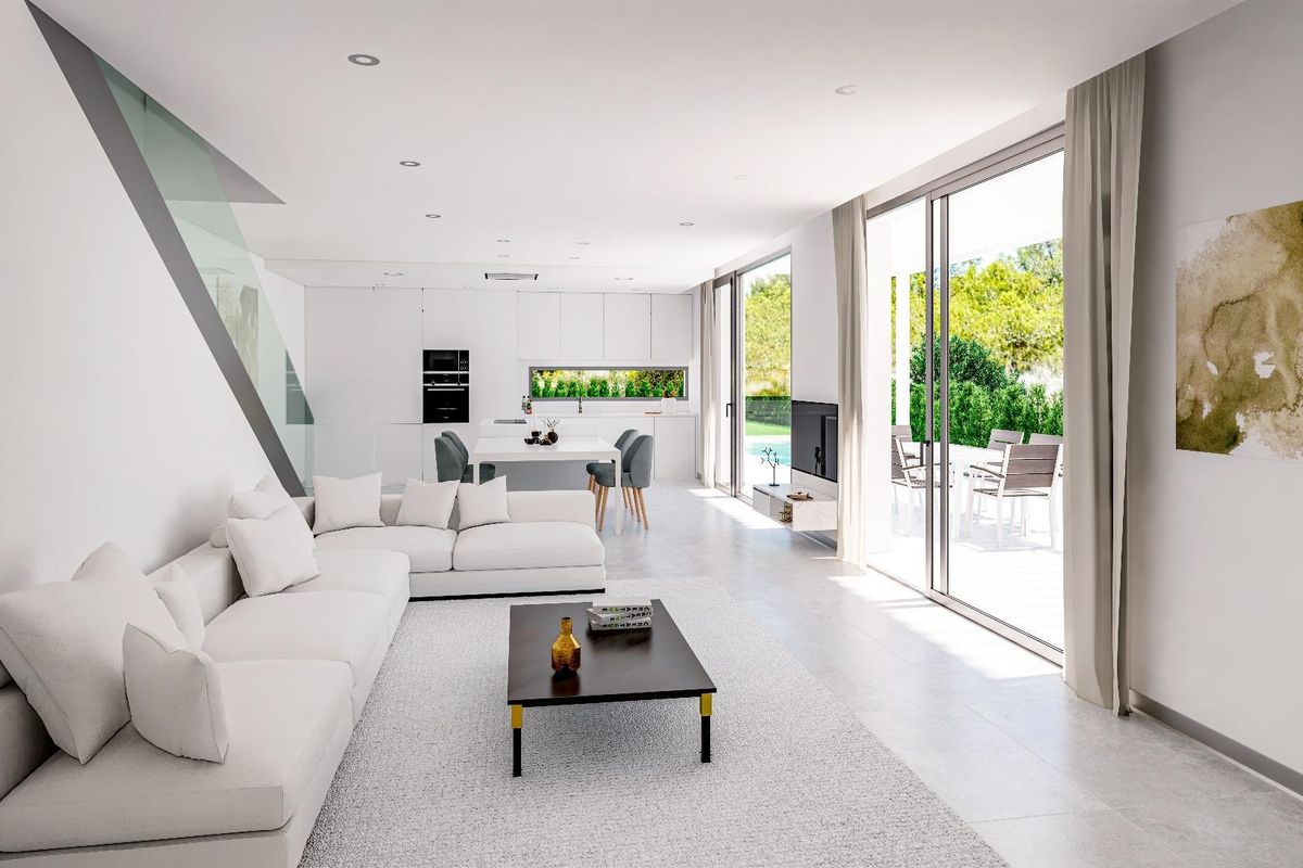 Heldere interieur van de 3-slaapkamer villa in Finestrat, Costa Blanca, die moderne woonruimte en keuken toont.