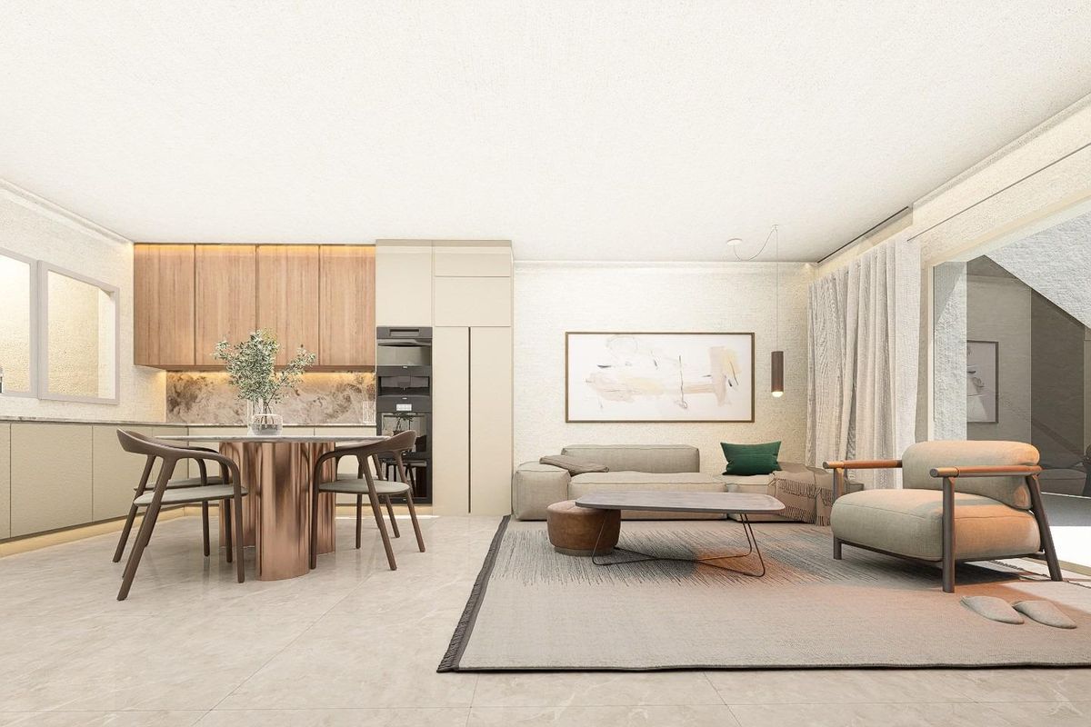 Uitnodigende woonruimte in een modern 3-slaapkamer appartement in Pilar de La Horadada, met natuurlijk licht.