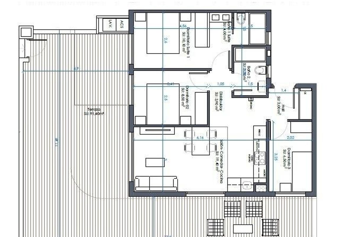 Plattegrond van een 3-slaapkamer appartement in Guardamar del Segura, met detaillering van ruimtes zoals terras en woonruimtes.