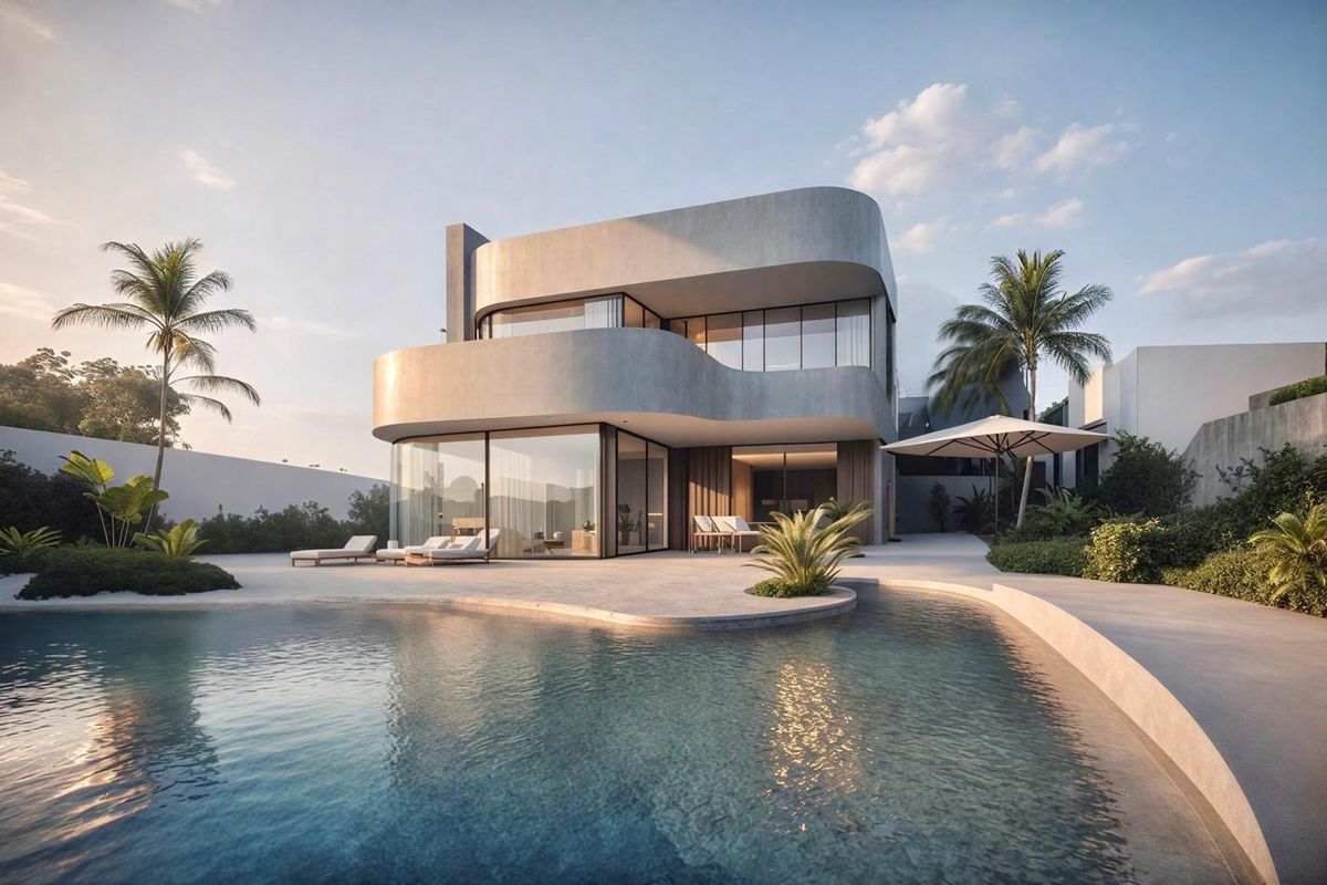 Buitenzicht op een moderne villa met 3 slaapkamers in Torre Pacheco, met een zwembad en een weelderige tuin.