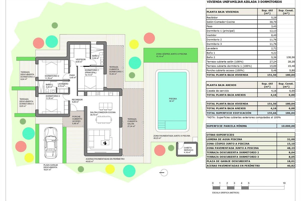 Plattegrond van een 3-slaapkamer villa in Pinoso, met indeling en afmetingen voor potentiële kopers.