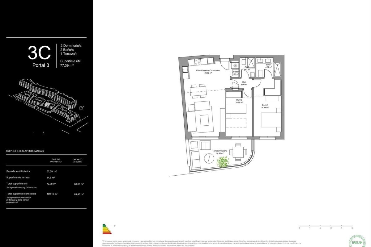 Plattegrond van de indeling van een appartement met twee slaapkamers, met woon- en eetruimtes in Torremolinos, Spanje.
