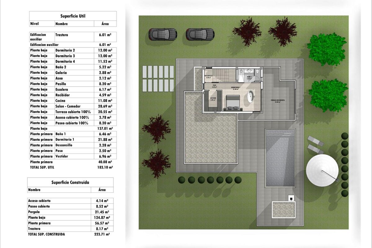 Gedetailleerde plattegrond van de villa, met de woonruimtes en buitenruimtes in Aspe, Costa Blanca Zuid.