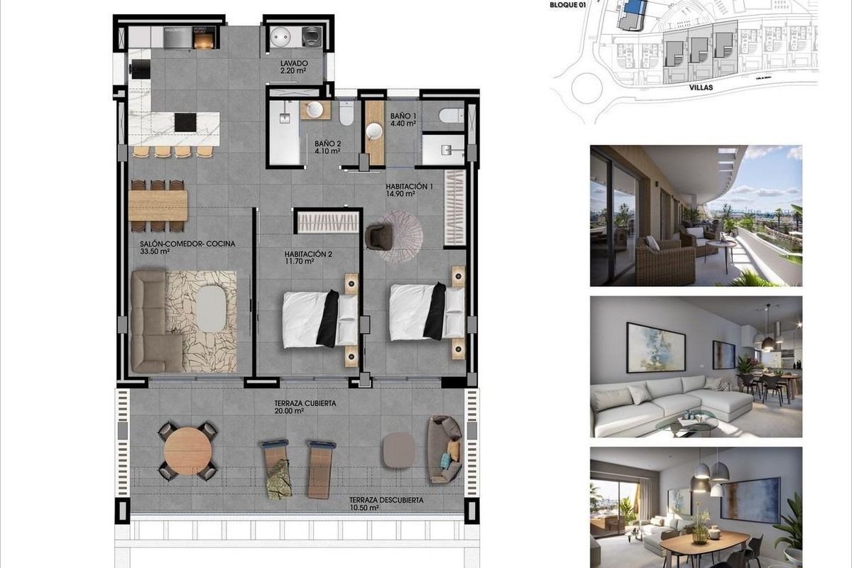 Plattegrond van een 2-slaapkamer appartement in Finestrat, die de indeling en ontwerpelementen effectief toont.