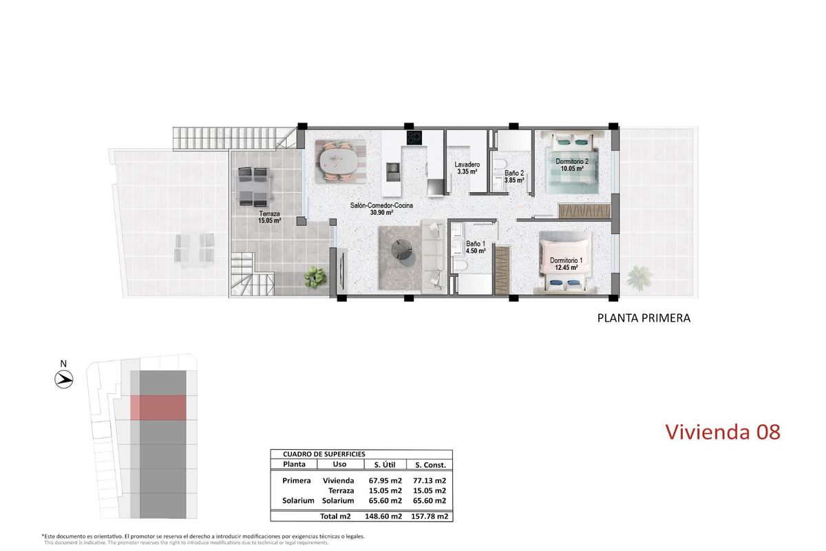 Plattegrond indeling van de 2-slaapkamer bungalow in Pilar de La Horadada, met kamerruimtes.