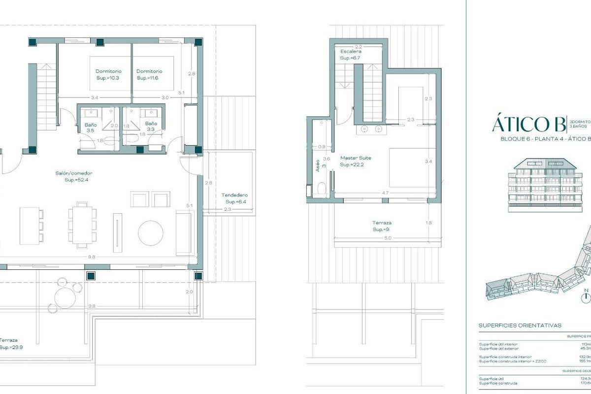 Plattegrond van een 3-slaapkamer penthouse in Benalmádena, met ruime woonruimtes en een buitenterras.