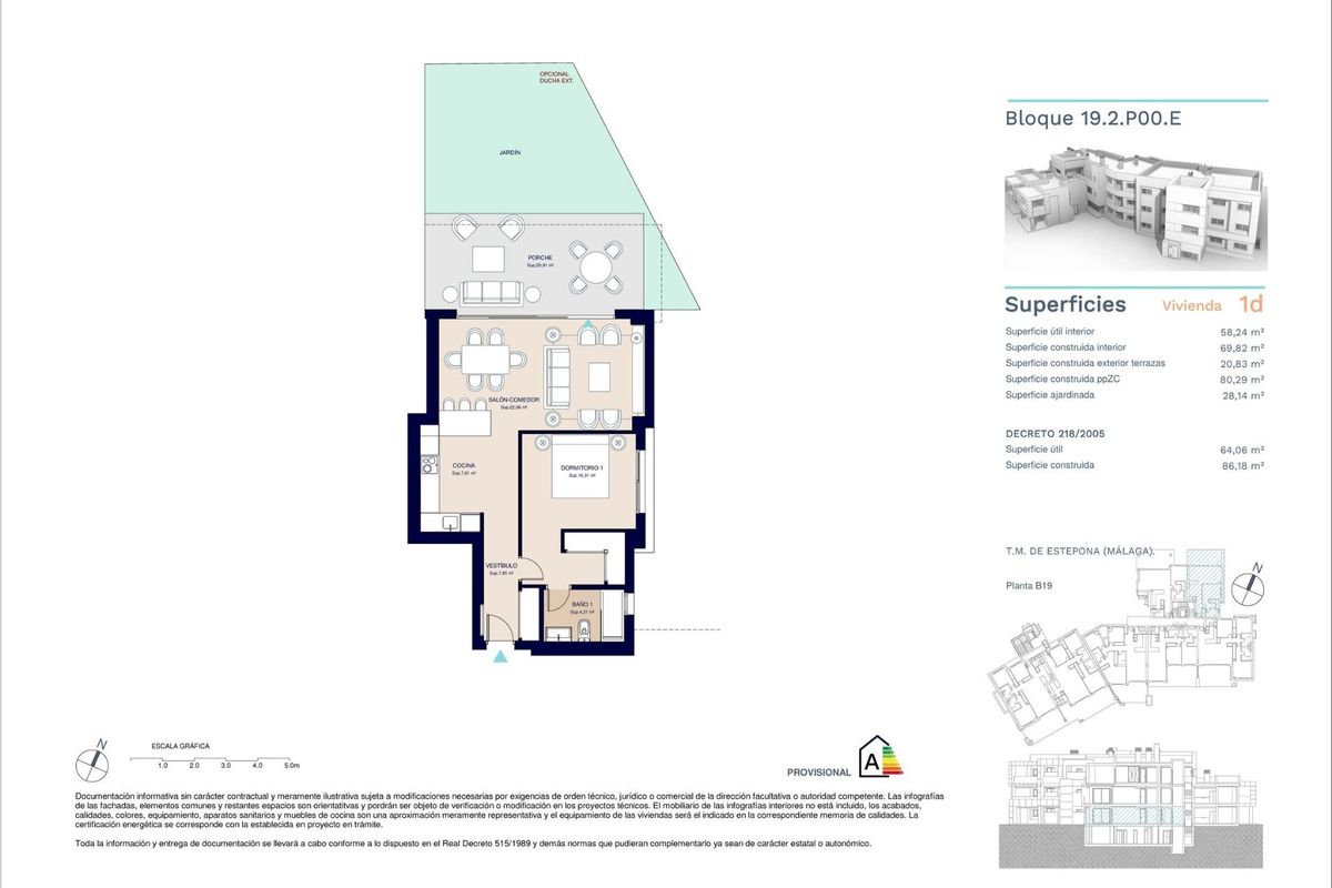Plattegrond van een 1-slaapkamer appartement, toont de indeling en ruimtes, gelegen in Estepona, Costa del Sol.