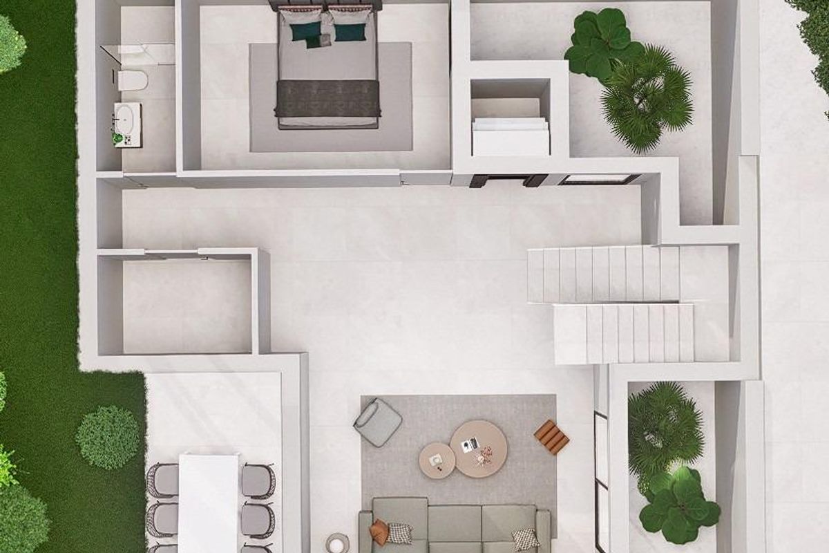 Bovenaanzicht van de indeling van de villa met gezellige woonruimtes in Finestrat, Costa Blanca.