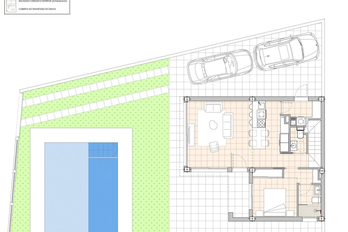 Plattegrond van een 3-slaapkamer villa met zwembad, patio en tuin in San Pedro del Pinatar, Costa Calida.