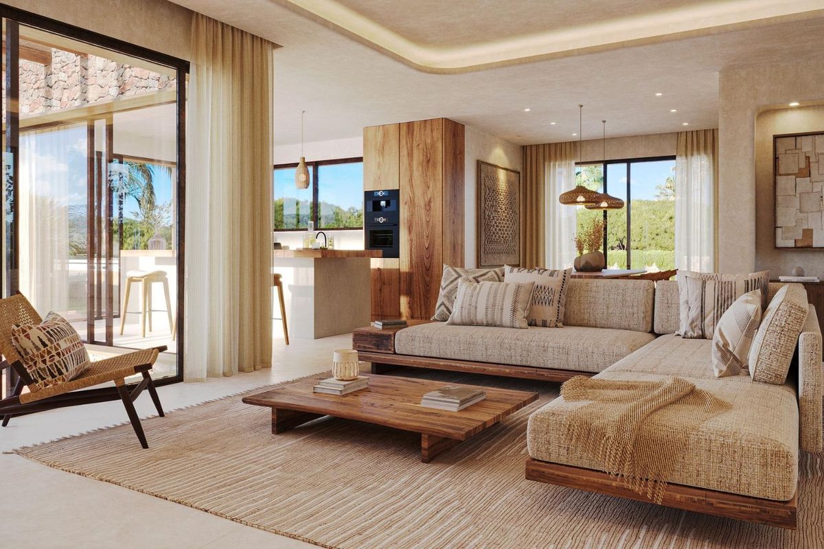 Ruime woonkamer in een 3-slaapkamer villa in Jávea, met natuurlijk licht en gezellige meubels.