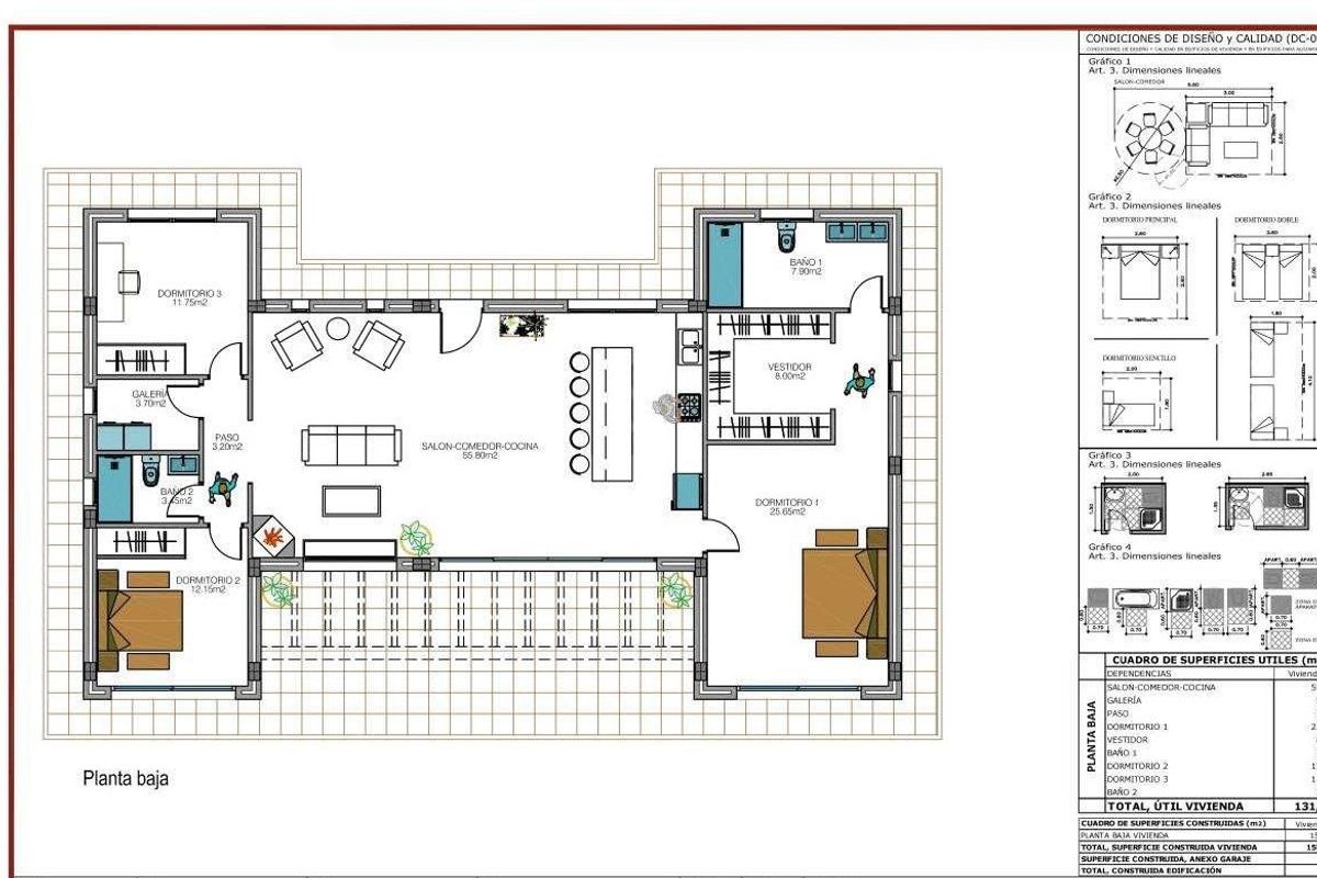 Plattegrond van een 4-slaapkamer villa in Pinoso, met details over de kamerconfiguraties en afmetingen.