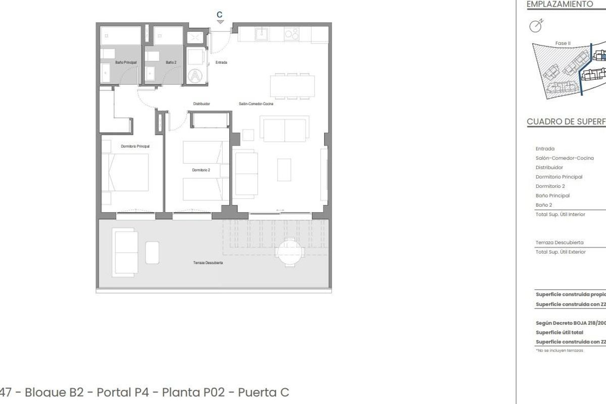 Plattegrond van een 2-slaapkamer appartement in Mijas, Costa del Sol, met een overzicht van de indeling en afmetingen.