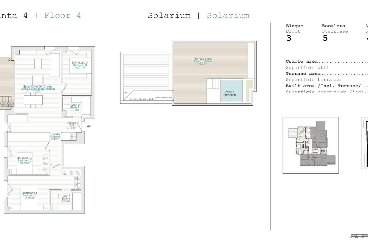 Plattegrond van het 3-slaapkamerpenthouse met solariumdetails, ontworpen voor kustleven in El Verger.