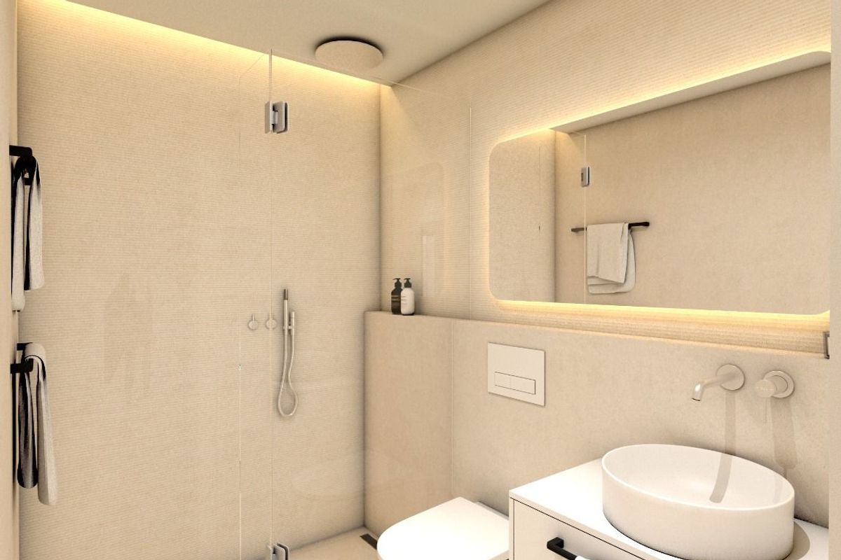 Strakke badkamer met een inloopdouche en minimalistische decoratie, gelegen in een bungalow in Pilar de La Horadada.