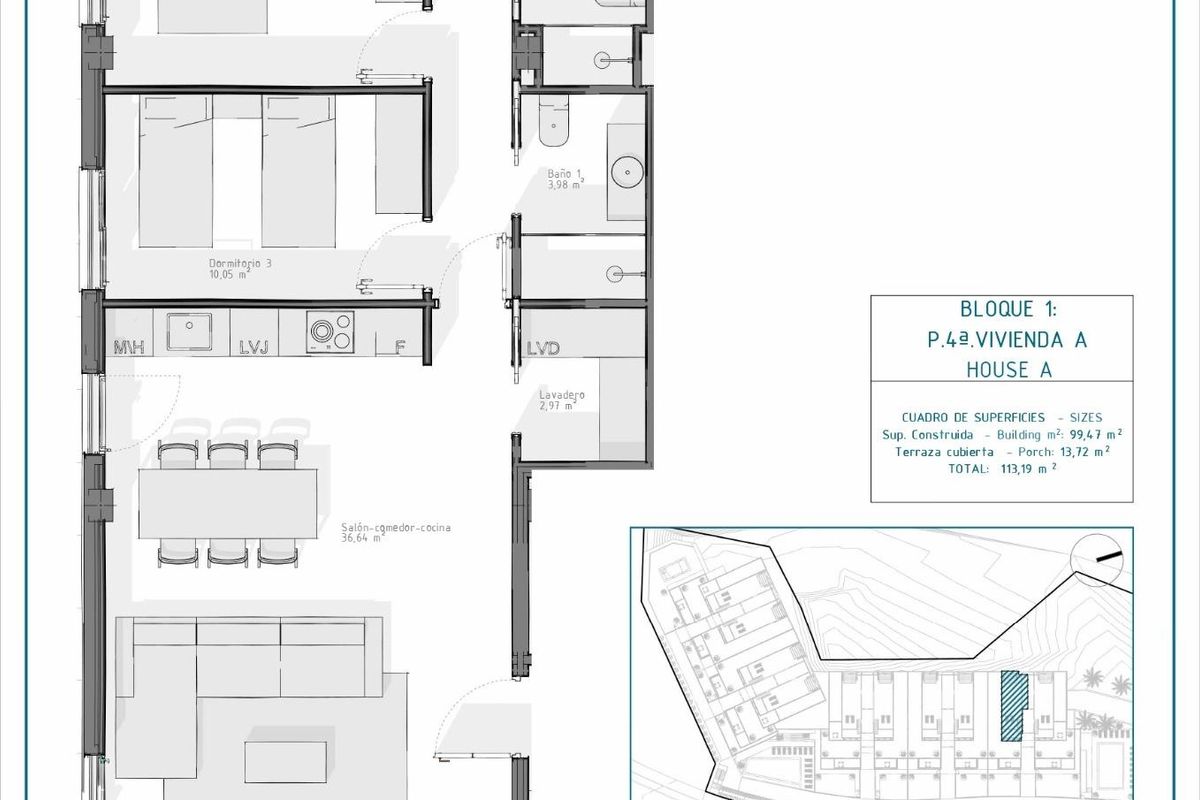 Plattegrond van een 3-slaapkamer appartement in Vera, met schets van de indeling en ontwerpkenmerken.