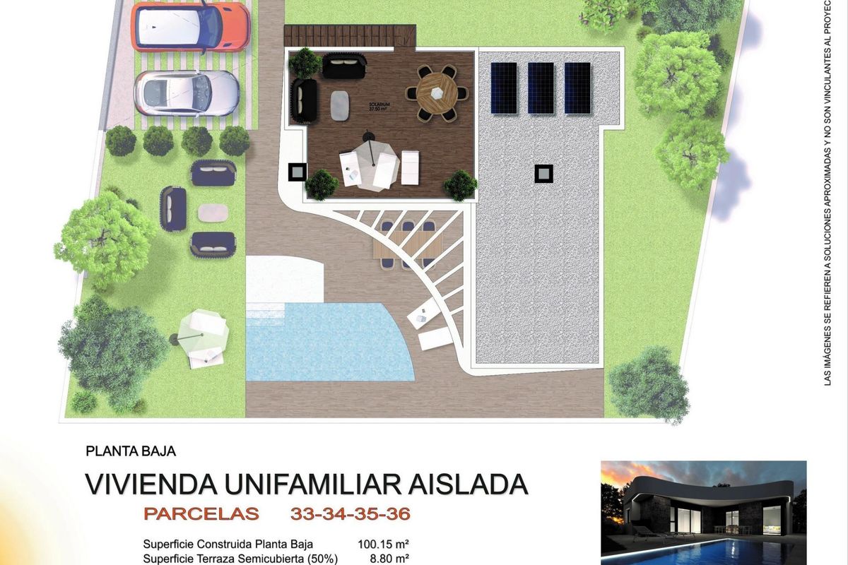 Plattegrond die het buitenterras en de indeling van een 3-slaapkamer villa in Los Montesinos, Costa Blanca benadrukt.