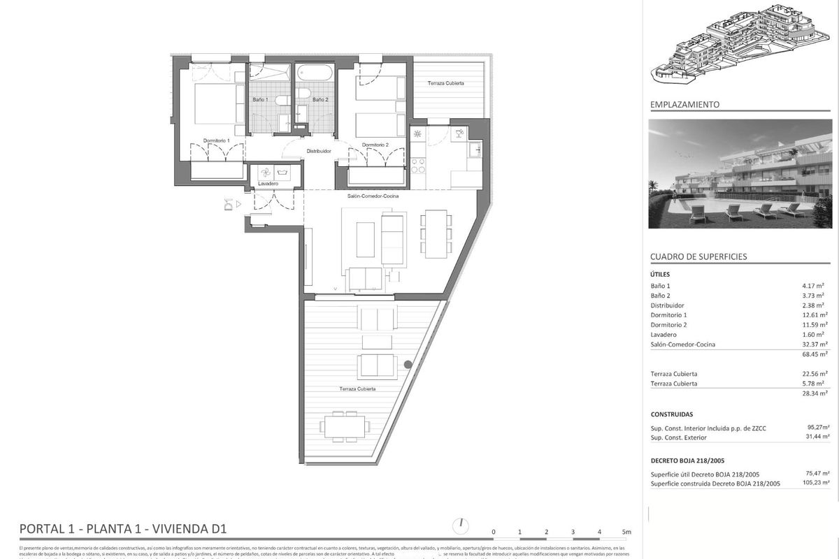 Gedetailleerde plattegrond van een 2-slaapkamer appartement, met indeling en oppervlakten in Estepona.