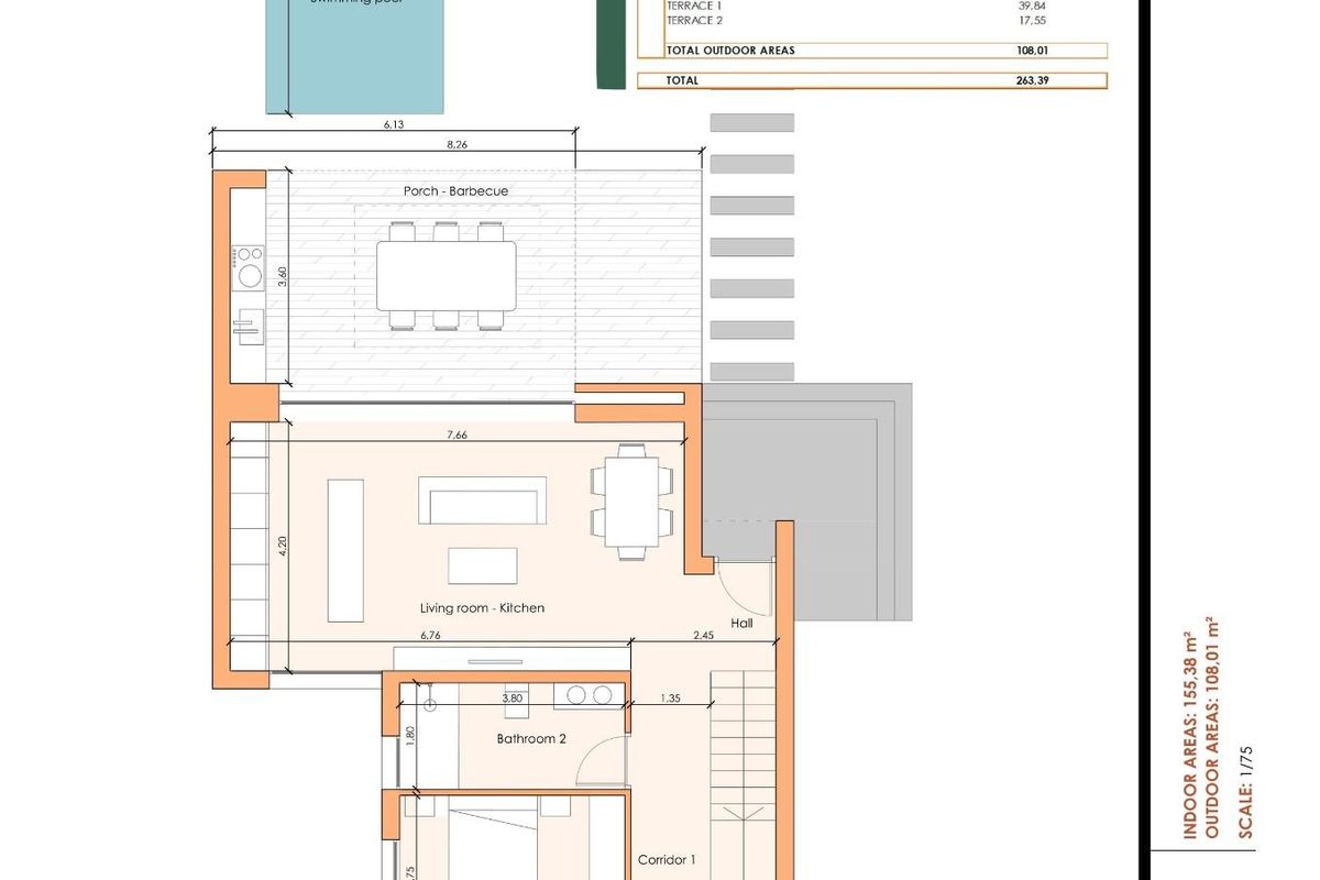Floor plan displaying the layout of a three-bedroom townhouse in Baños y Mendigo, featuring living and kitchen areas.