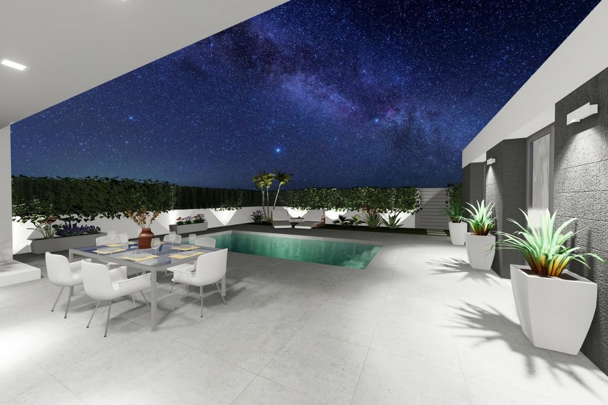 Prachtig terras met uitzicht op de sterrenhemel en het zwembad in een villa in San Juan de los Terreros.