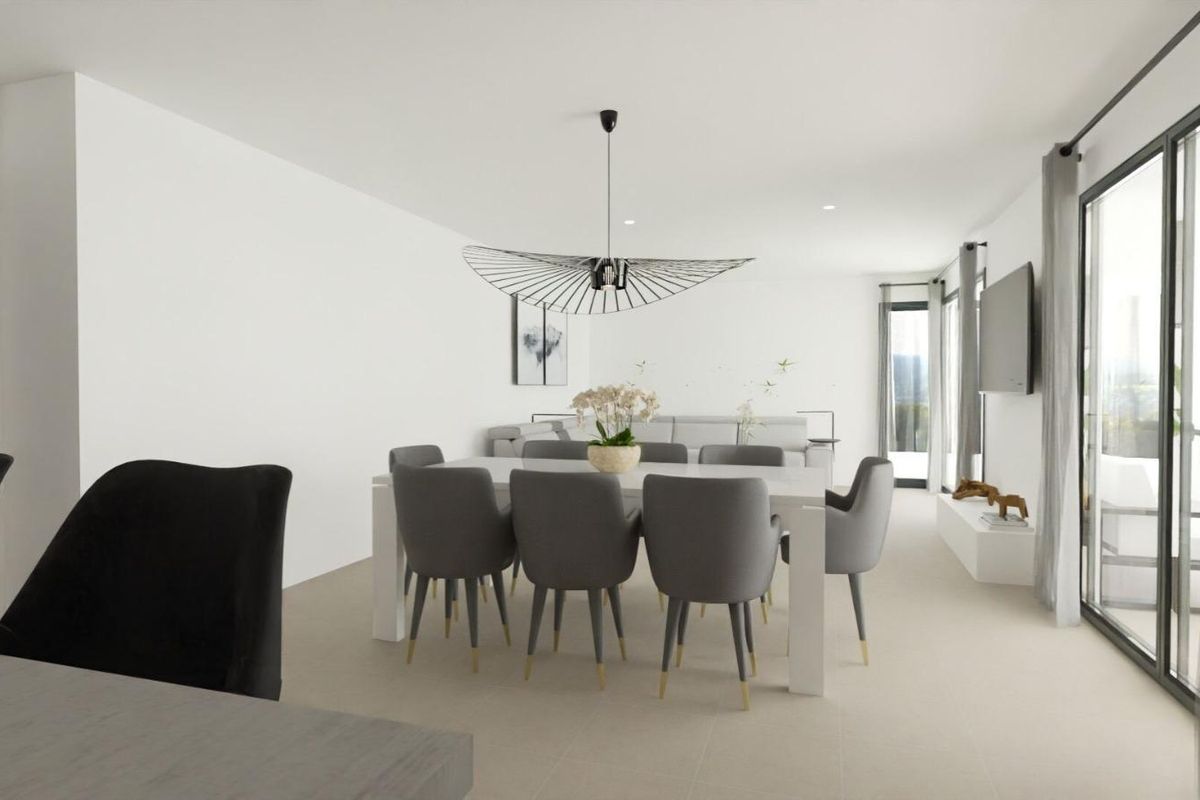 Stylish dining area with modern decor in a villa located in Monforte del Cid, Costa Blanca South, Spain.
